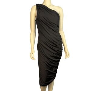 PattyBoutik Black One Shoulder‎ Dress Medium Ruched Bodycon Midi Cocktail Date